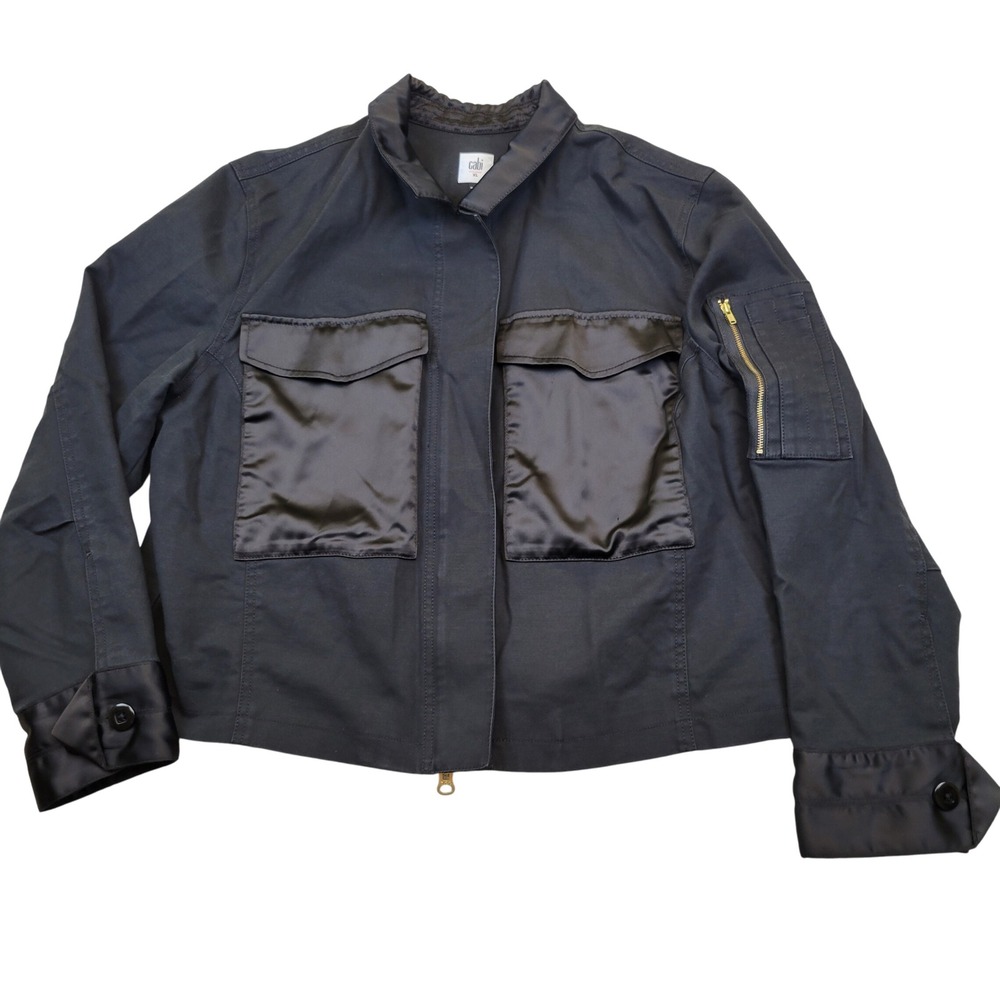 Cabi Women Black‎ Moto Satin Pocket Utility Jacket Zip Front Gold Zipper Size XL